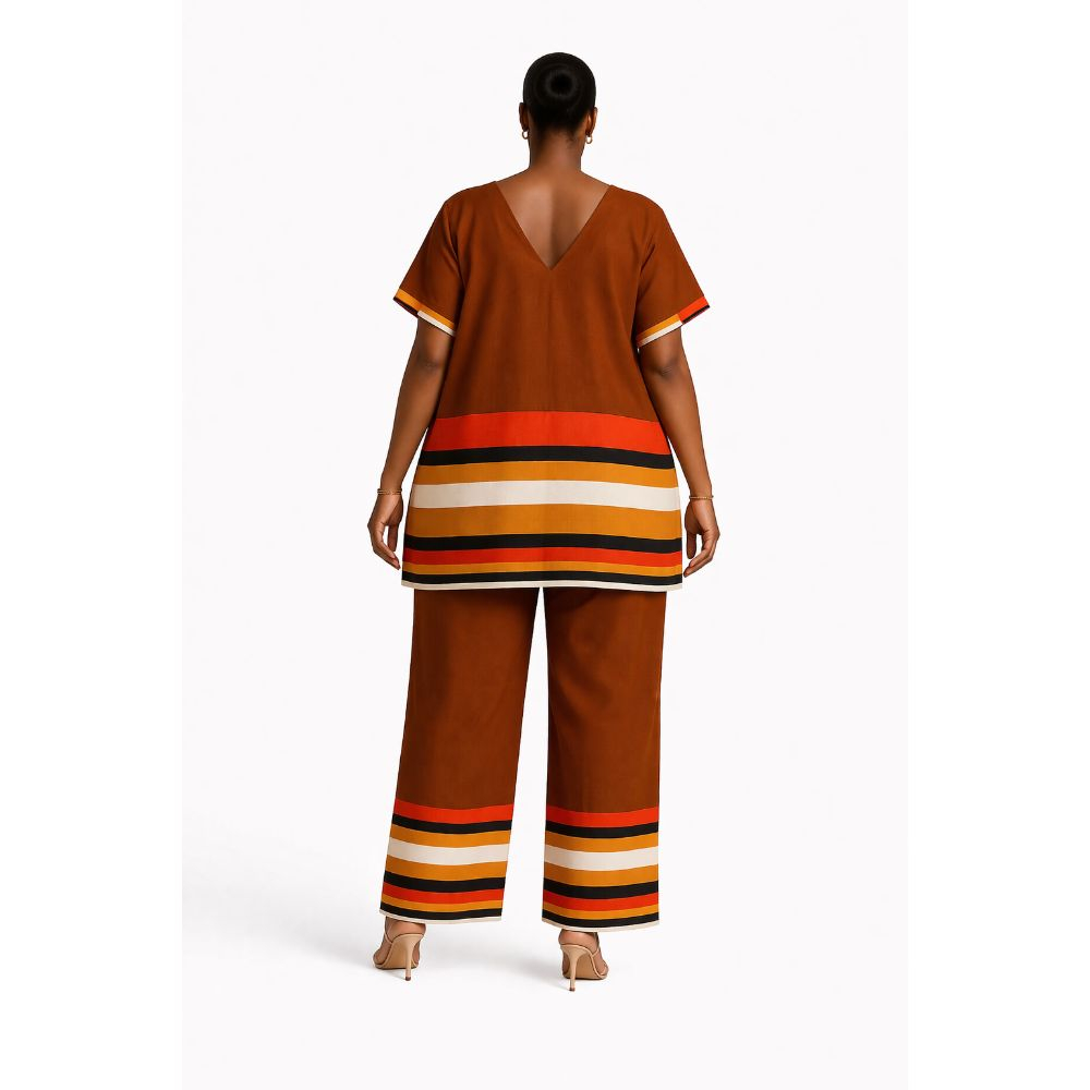 Brown Striped TwoPiece Set with VNeck Top and Matching Pants